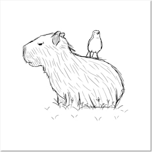 Baby Capybara and a bird Posters and Art